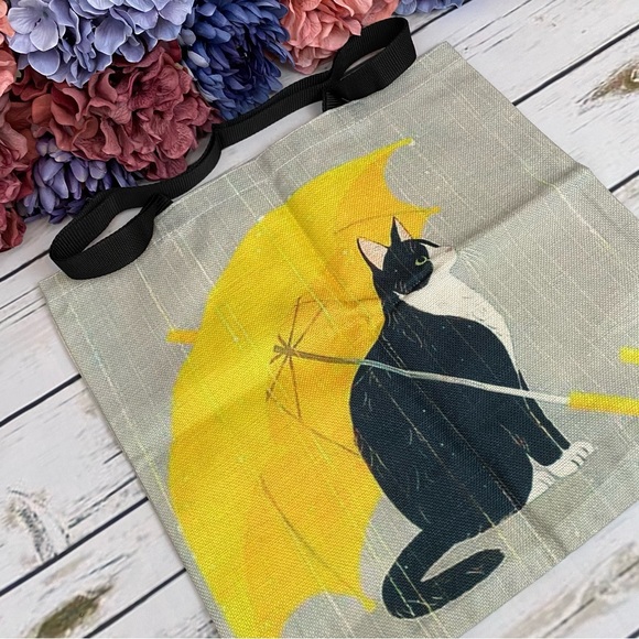 Eco-Friendly Black Cat with Yellow Umbrella Folding Tote Bag - Picture 3 of 12